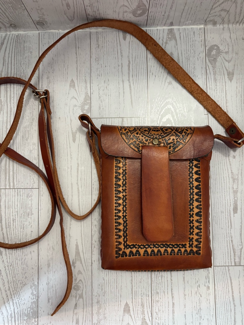 Boho Tan Tooled Leather Crossbody Bag